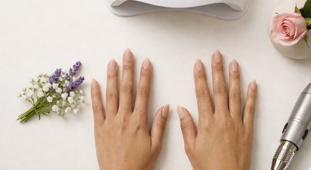 Hands on a nail studio table for color preview